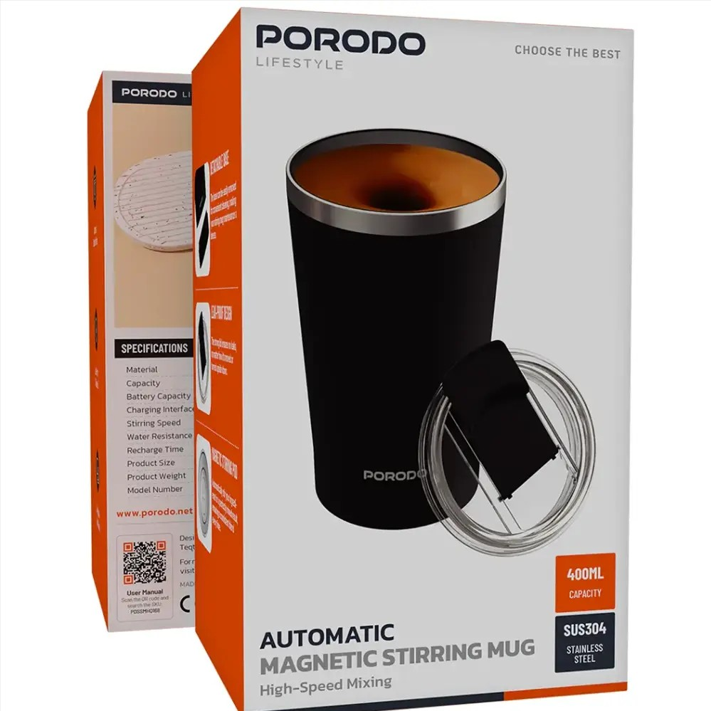 PORODO LIFESTYLE AUTOMATIC MAGNETIC STIRRING MUG HIGH SPEED MIXING BLACK PDSSMHQ168BK