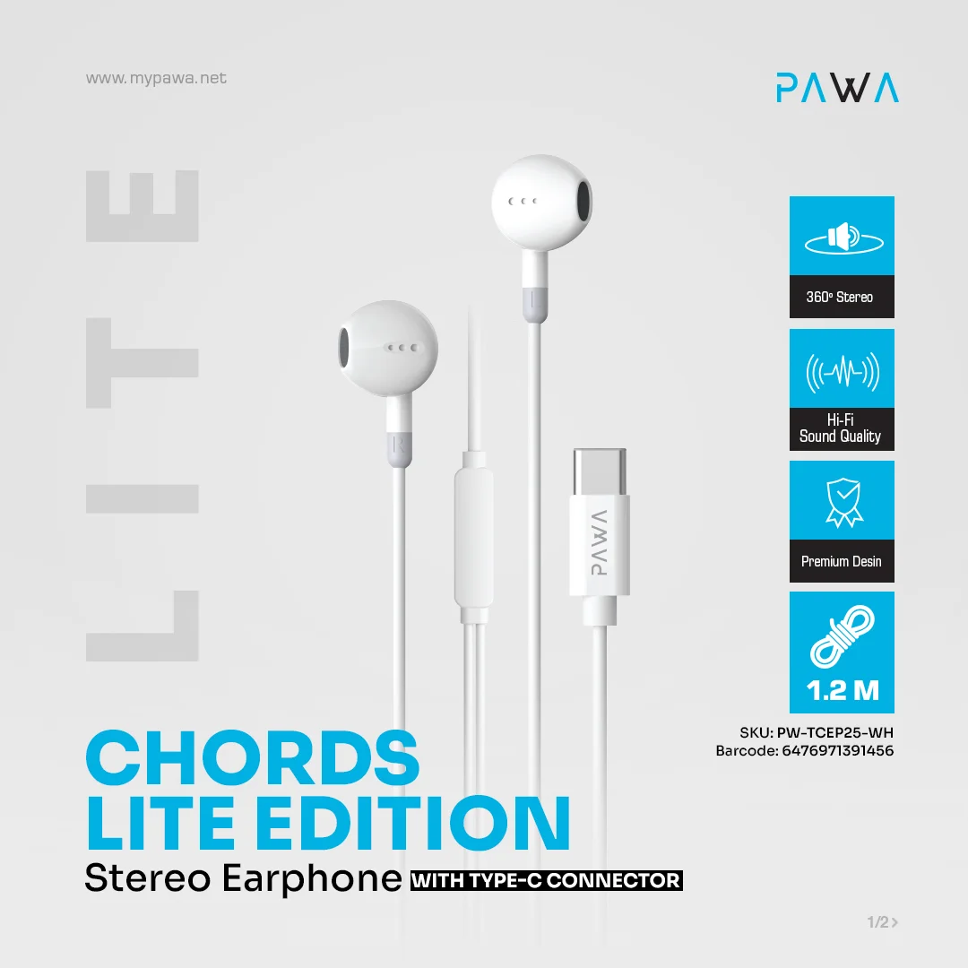 PAWA CHORDS LITE EDITION STEREO EARPHONE WITH TYPE-C CONNECTOR WHITE PW-TCEP25-WH thumbnail 3