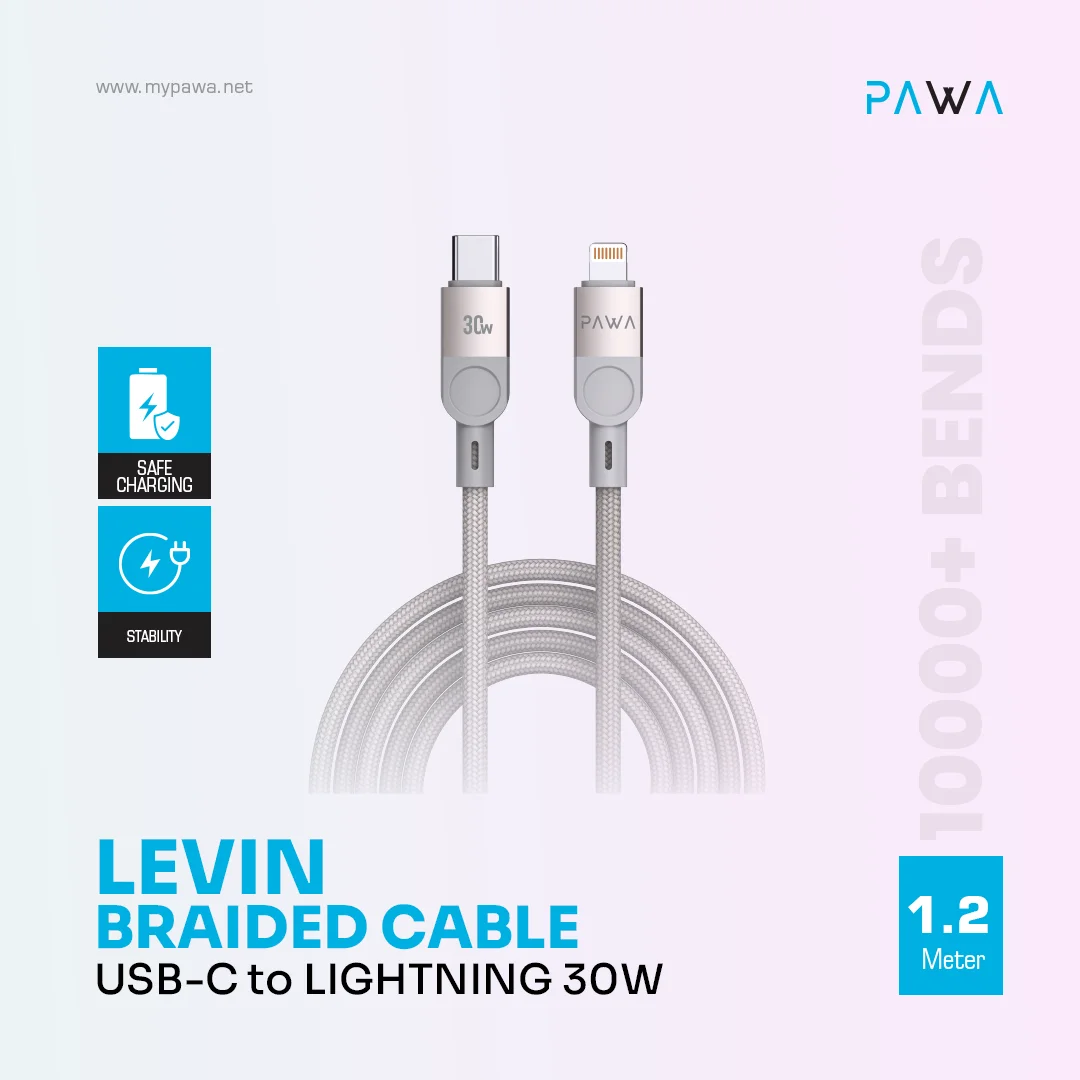 PAWA LEVIN USB C TO LIGHTNING BRAIDED CABLE 1.2M 30W GREY TITANIUM PW-12BDC254-GYTT thumbnail 3