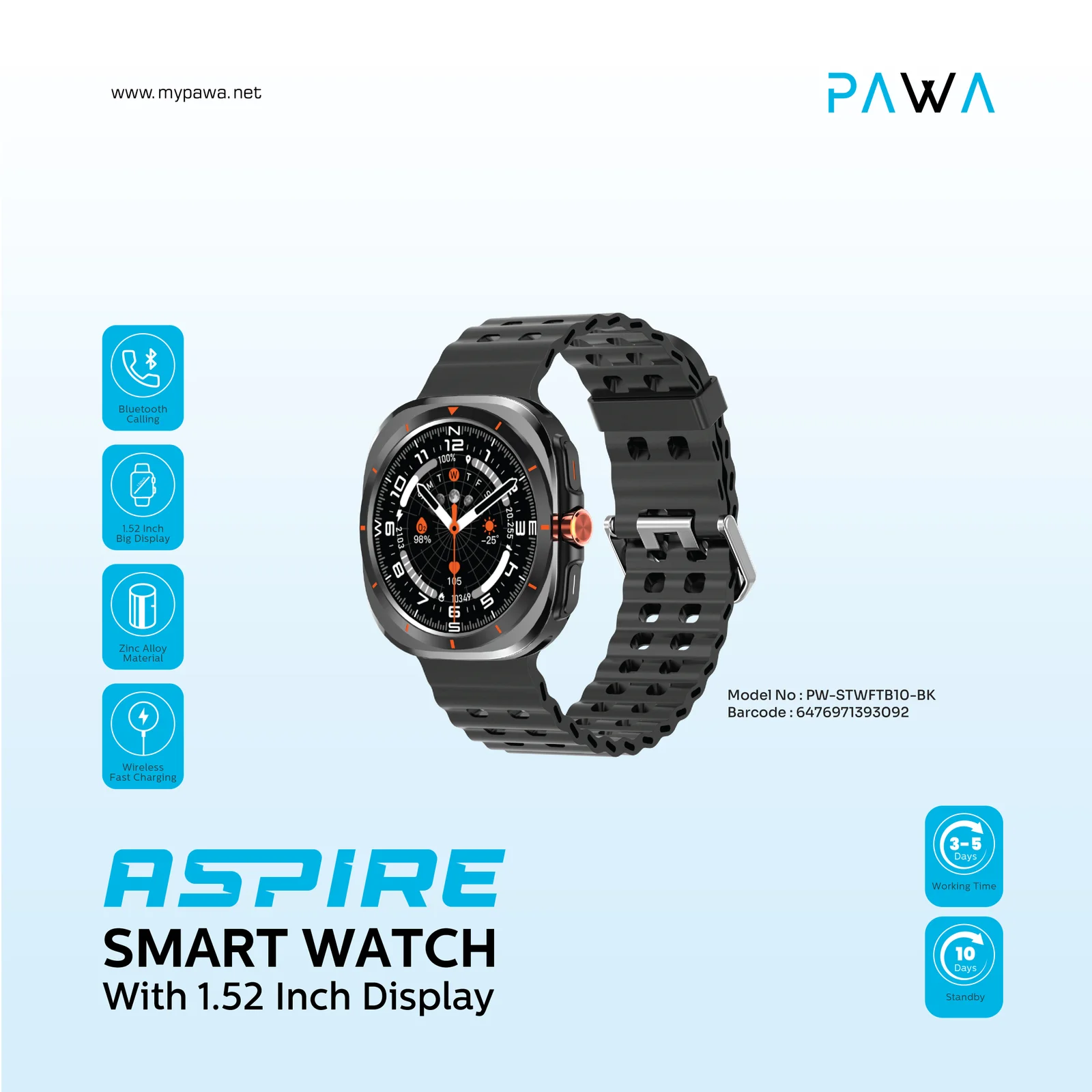 PAWA ASPIRE SMART WATCH WITH 1.52 INCH DISPLAY BLACK PW-STWFTB10-BK thumbnail 2
