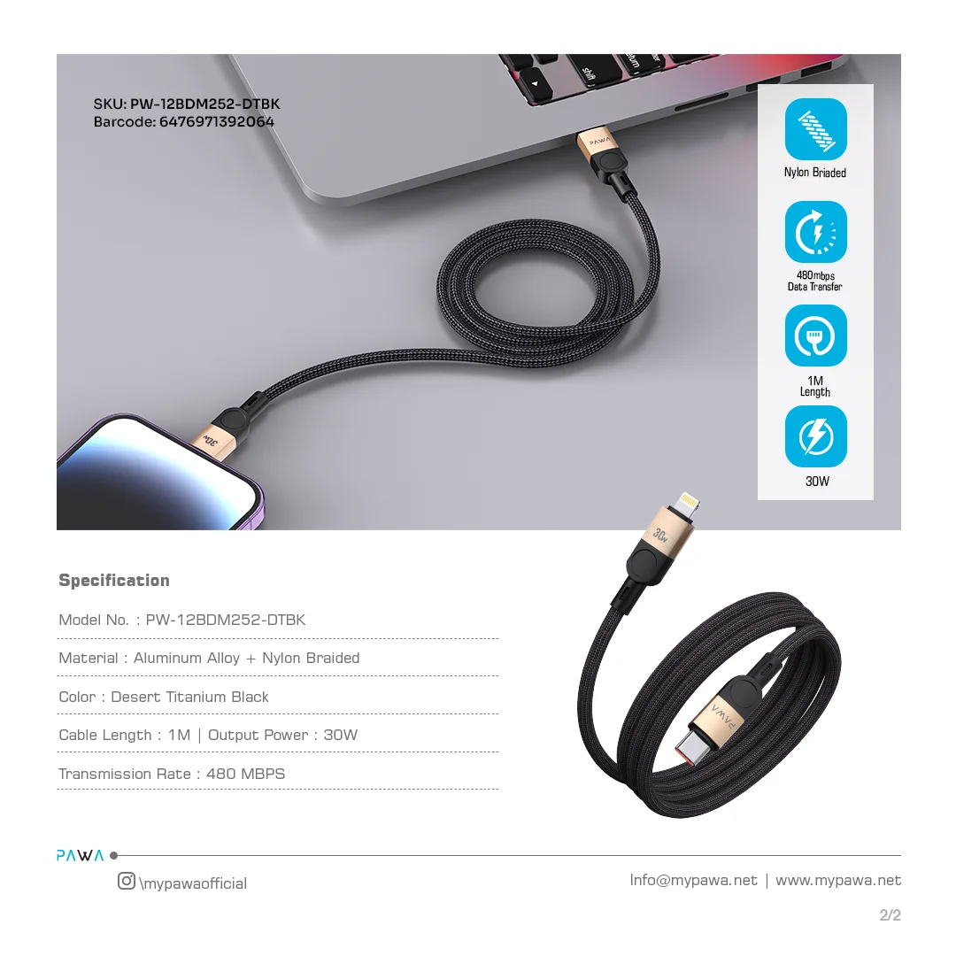 PAWA LEVIN MAGNETIC BRAIDED USB C TO LIGHTNING 30W CABLE 1M DESERT BLACK PW-12BDM252-DTBK thumbnail 4