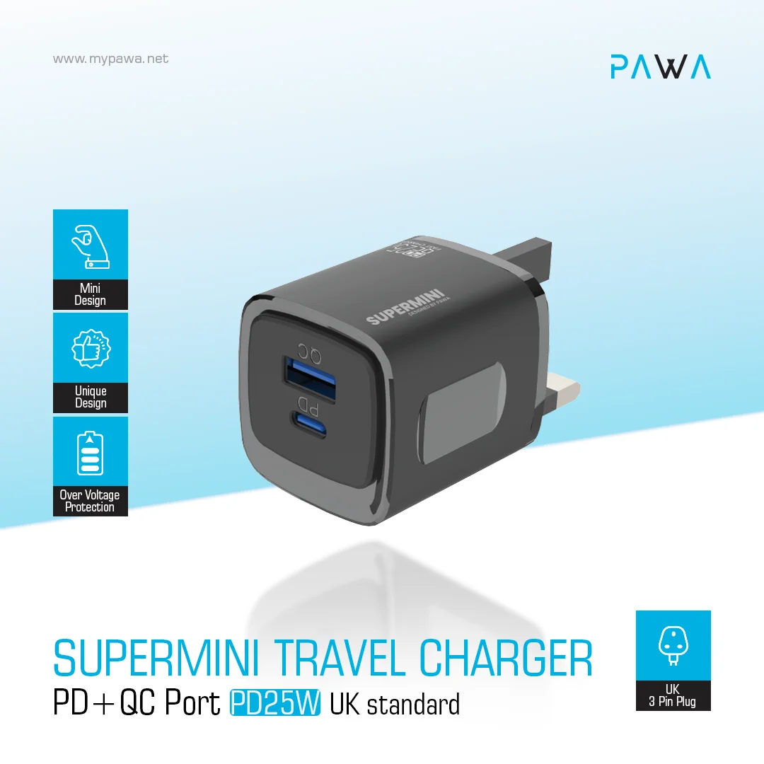 PAWA SUPERMINI TRAVEL CHARGER PD QC PORT 25W BLACK PW-TC25CUUK-BK thumbnail 3