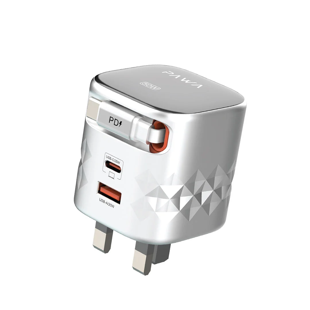 PAWA RETRO 50W UK CHARGER WITH TYPE-C RETRACTABLE CABLE GREY BLACK PW-TAR50ACT-GYBK
