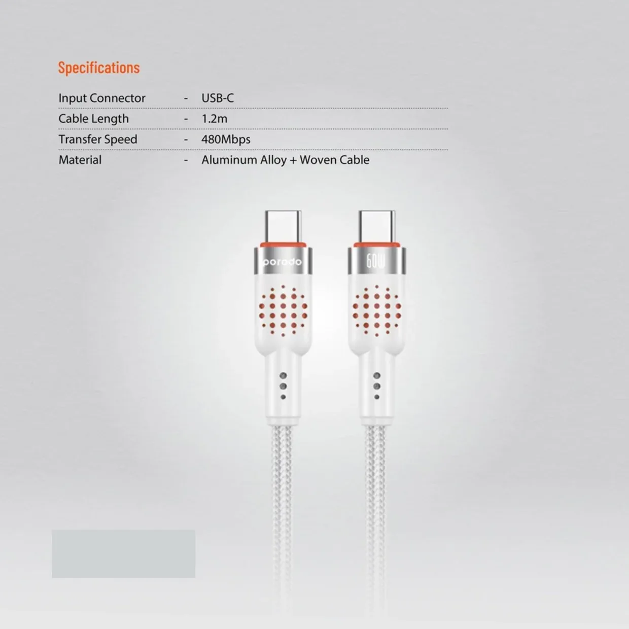 PORODO USB C TO USB C ALUMINUM BRAIDED CABLE DATA TRANSFER AND FAST CHARGE PD60W 1.2M WHITE PDCBL0009WH thumbnail 2