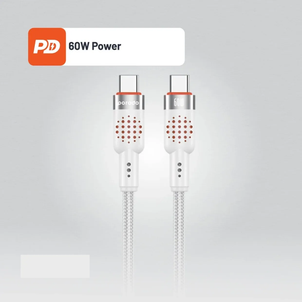 PORODO USB C TO USB C ALUMINUM BRAIDED CABLE DATA TRANSFER AND FAST CHARGE PD60W 1.2M WHITE PDCBL0009WH thumbnail 3