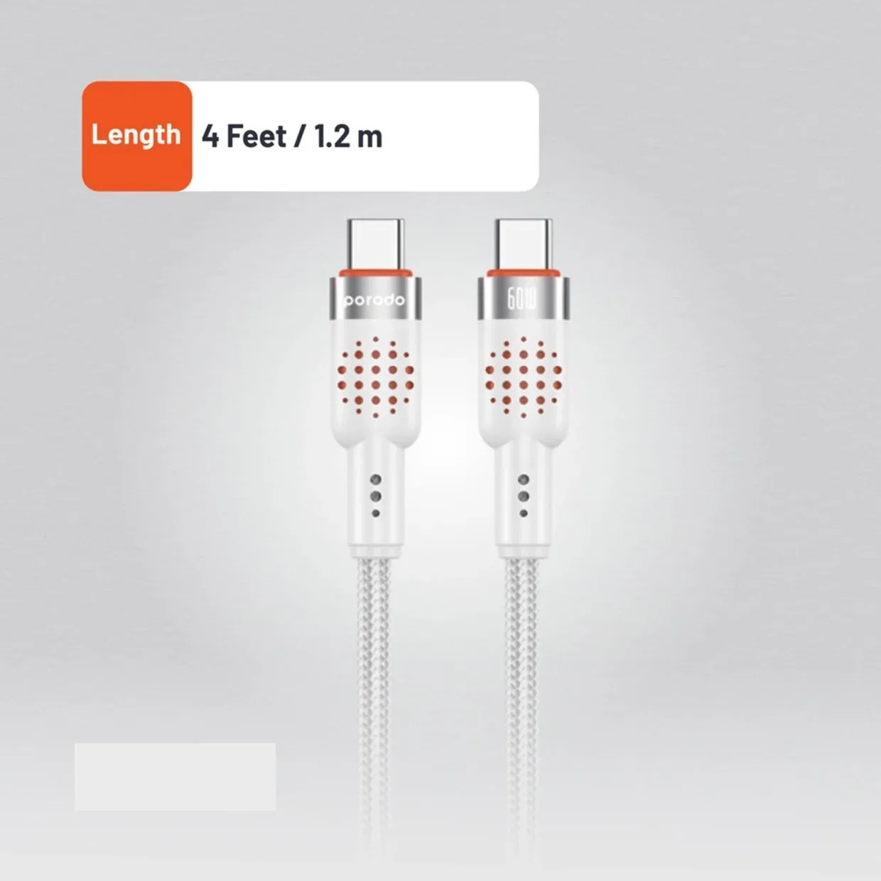 PORODO USB C TO USB C ALUMINUM BRAIDED CABLE DATA TRANSFER AND FAST CHARGE PD60W 1.2M WHITE PDCBL0009WH thumbnail 4