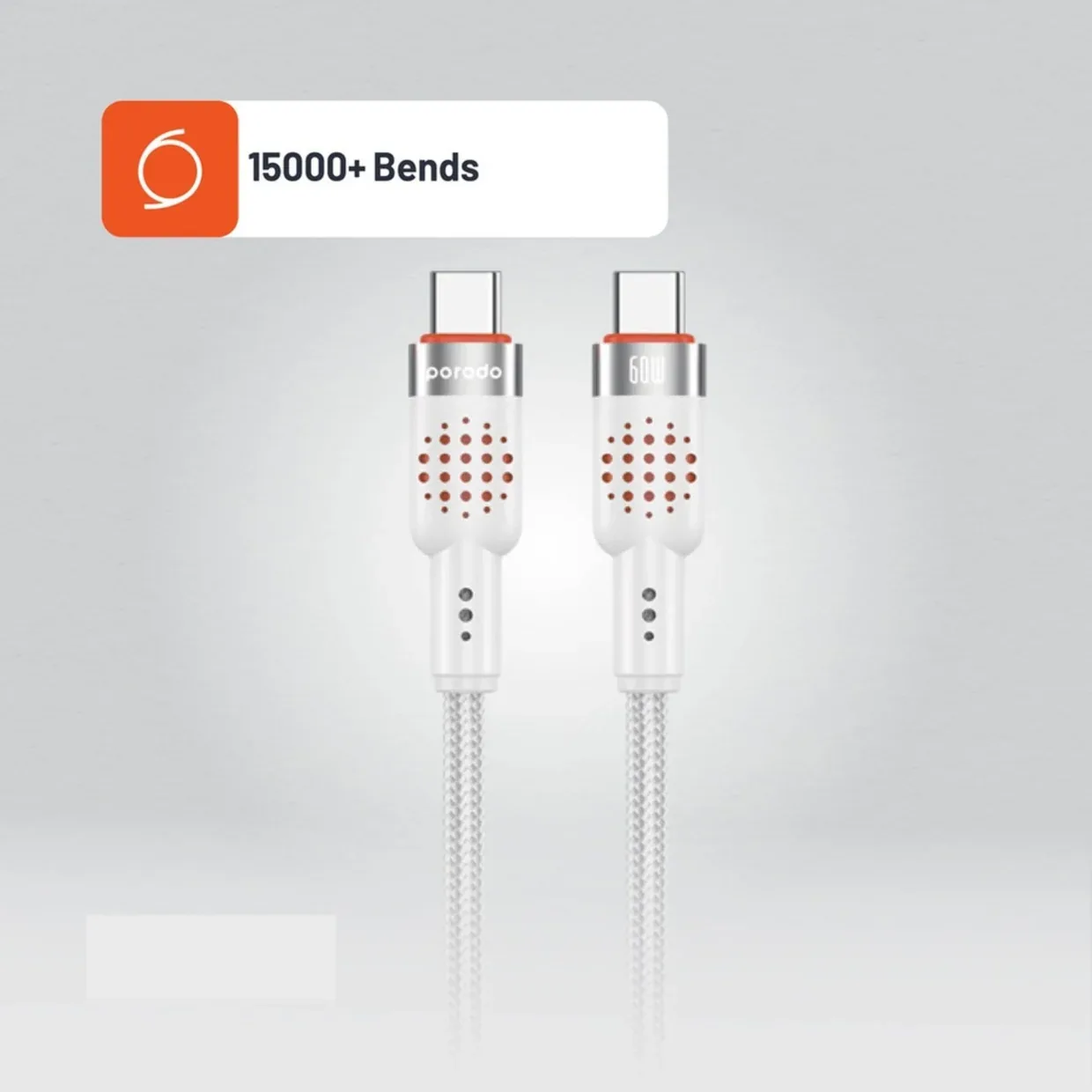 PORODO USB C TO USB C ALUMINUM BRAIDED CABLE DATA TRANSFER AND FAST CHARGE PD60W 1.2M WHITE PDCBL0009WH thumbnail 5