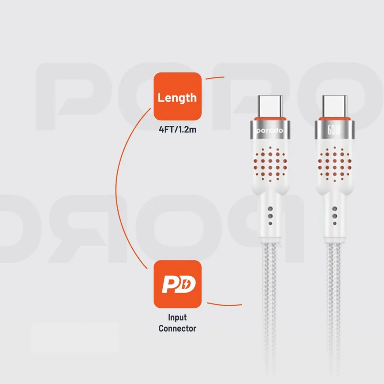 PORODO USB C TO USB C ALUMINUM BRAIDED CABLE DATA TRANSFER AND FAST CHARGE PD60W 1.2M WHITE PDCBL0009WH thumbnail 6