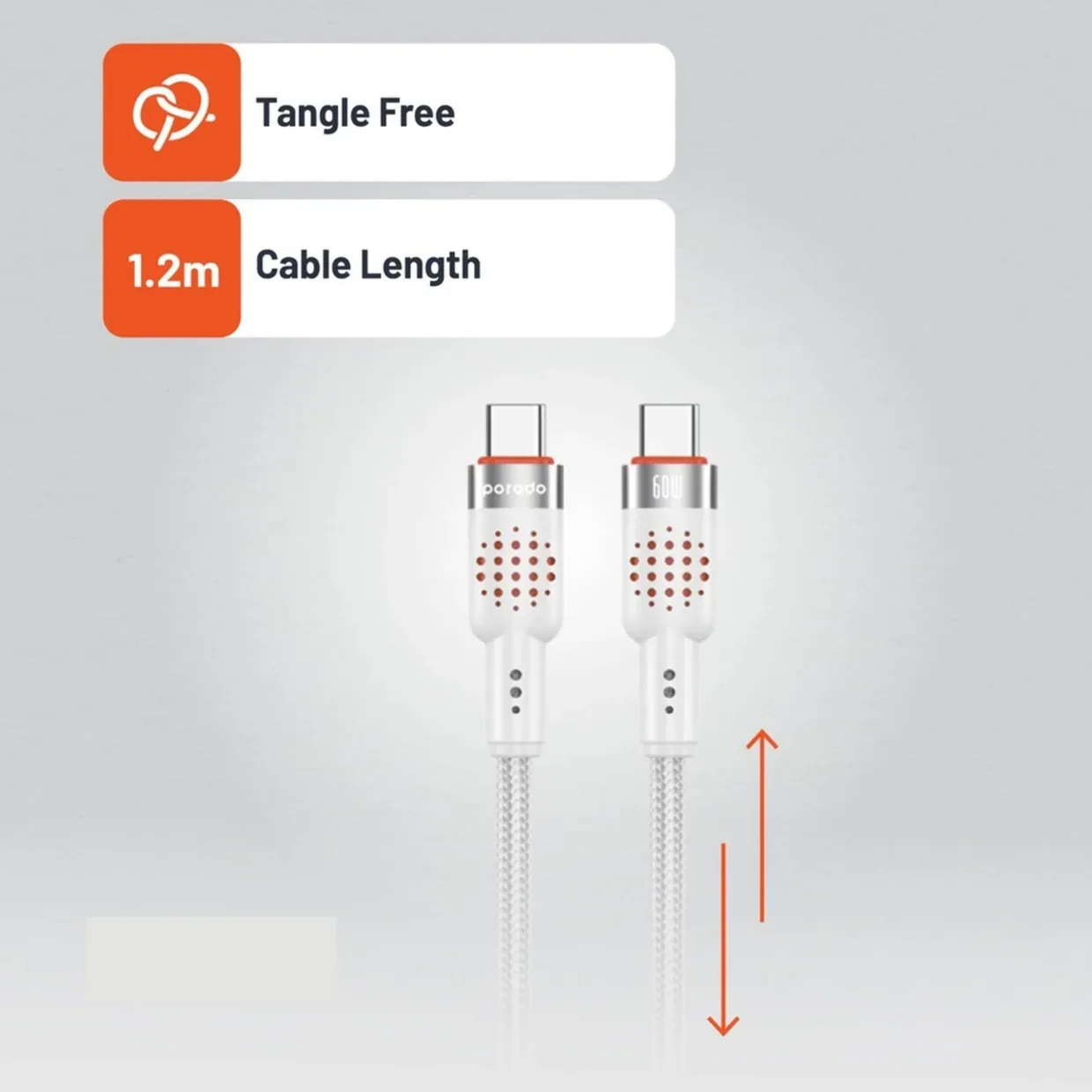 PORODO USB C TO USB C ALUMINUM BRAIDED CABLE DATA TRANSFER AND FAST CHARGE PD60W 1.2M WHITE PDCBL0009WH thumbnail 8