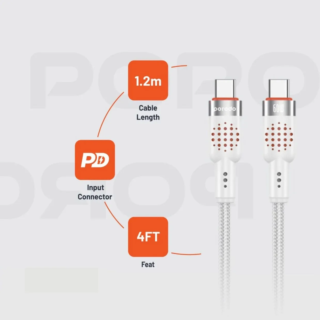 PORODO USB C TO USB C ALUMINUM BRAIDED CABLE DATA TRANSFER AND FAST CHARGE PD60W 1.2M WHITE PDCBL0009WH thumbnail 9