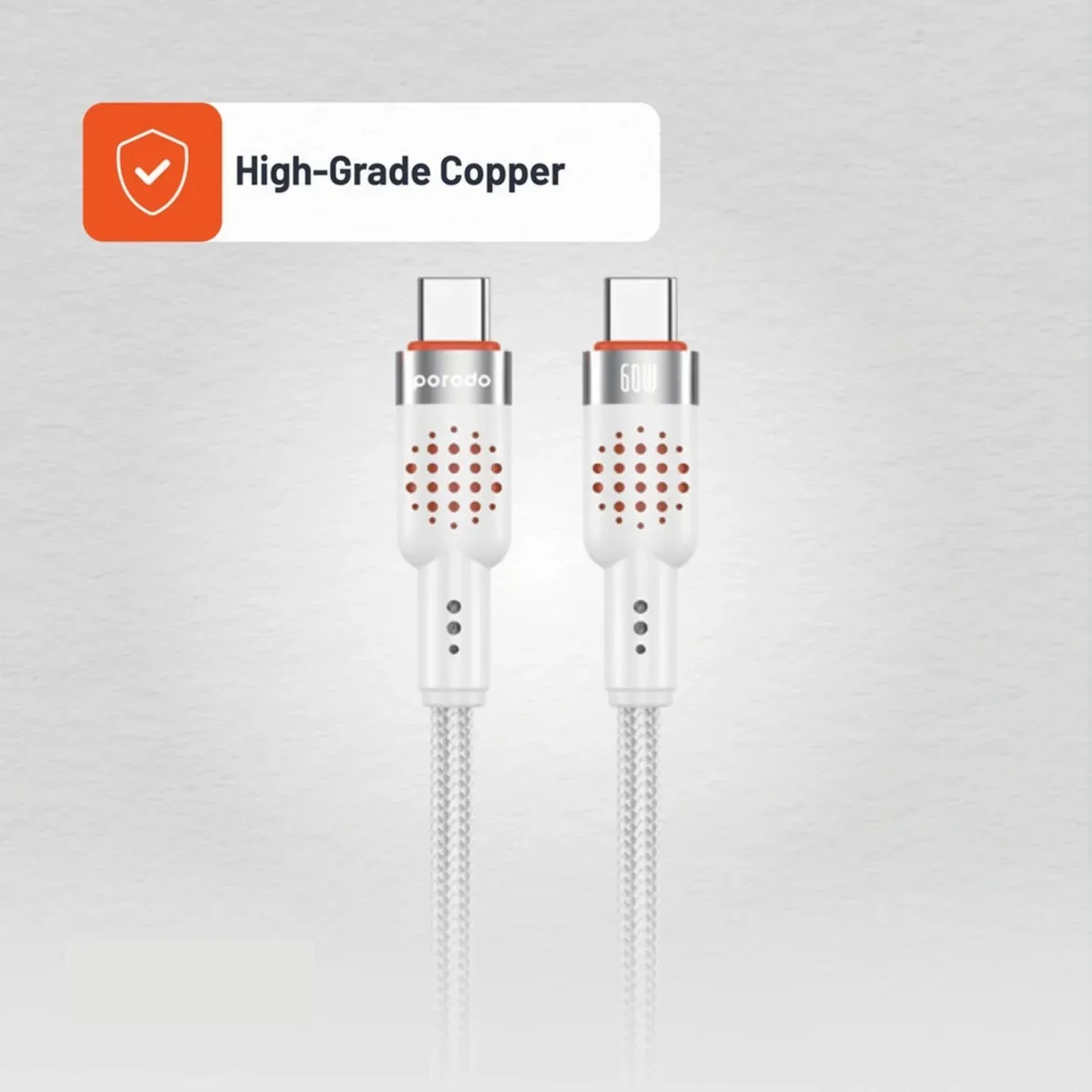 PORODO USB C TO USB C ALUMINUM BRAIDED CABLE DATA TRANSFER AND FAST CHARGE PD60W 1.2M WHITE PDCBL0009WH thumbnail 10