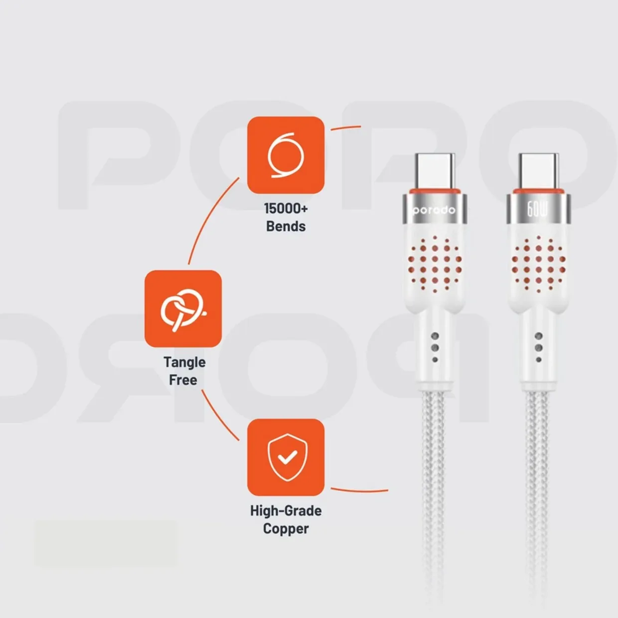 PORODO USB C TO USB C ALUMINUM BRAIDED CABLE DATA TRANSFER AND FAST CHARGE PD60W 1.2M WHITE PDCBL0009WH thumbnail 11