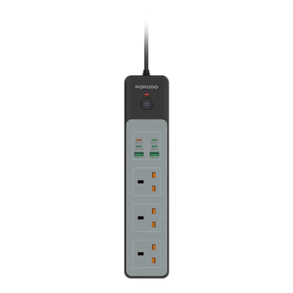 PORODO 3AC-45W-3000W POWER STRIP 2X USB A AND 4X USB C PORTS BLACK PDFWCH052BK