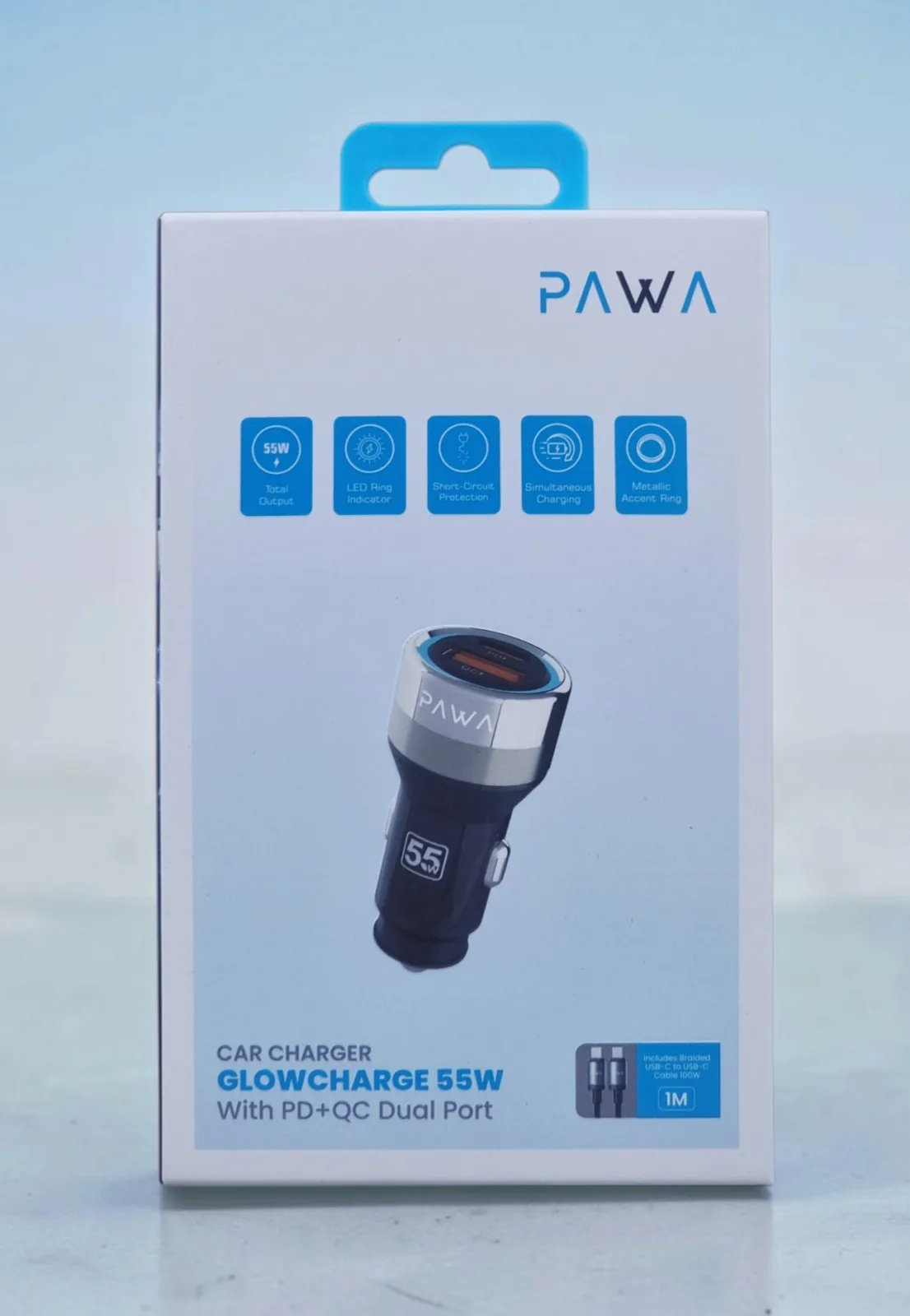 PAWA GLOW CHARGE 55W WITH PD+QC DUAL PORT CAR CHARGER WITH INCLUDE USB C TO UBC C CABLE TRANSPARENT BLACK PW-CRCHCC11-TPBK