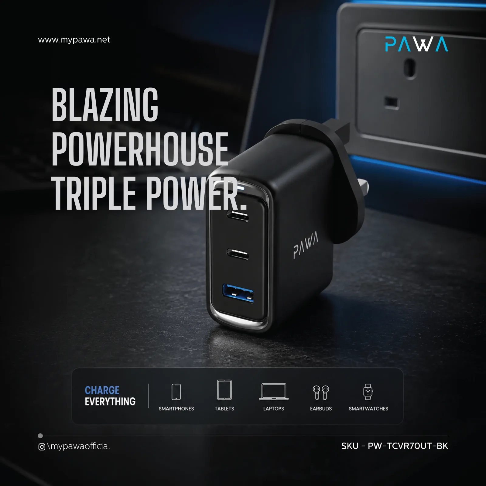 PAWA VECTOR TRIPLE PORT GAN CHARGER 70W BLACK PW-TCVR70UK-BK thumbnail 4