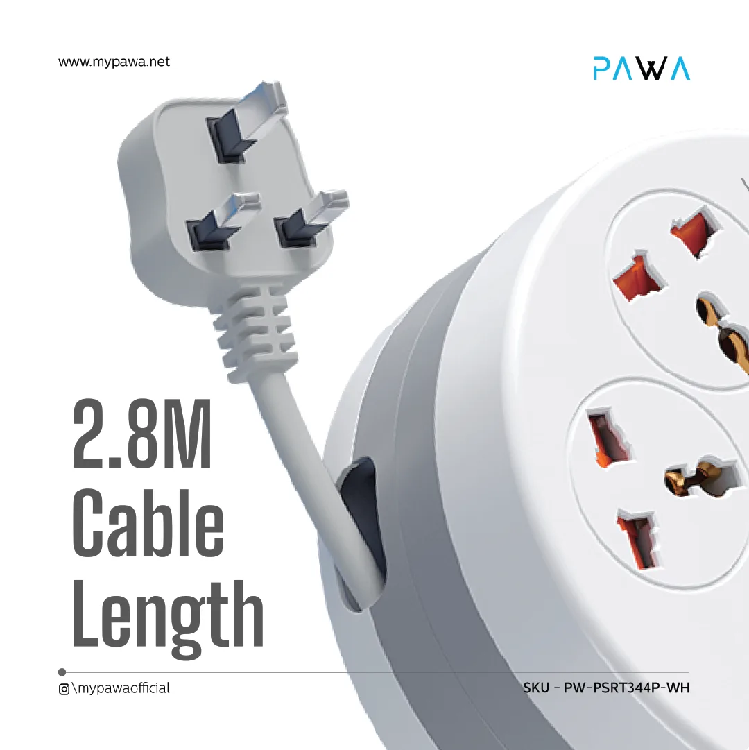PAWA RETRACABLE POWER STRIP WITH 4 AC OUTLETS WHITE PW-PSRT344P-WH thumbnail 3