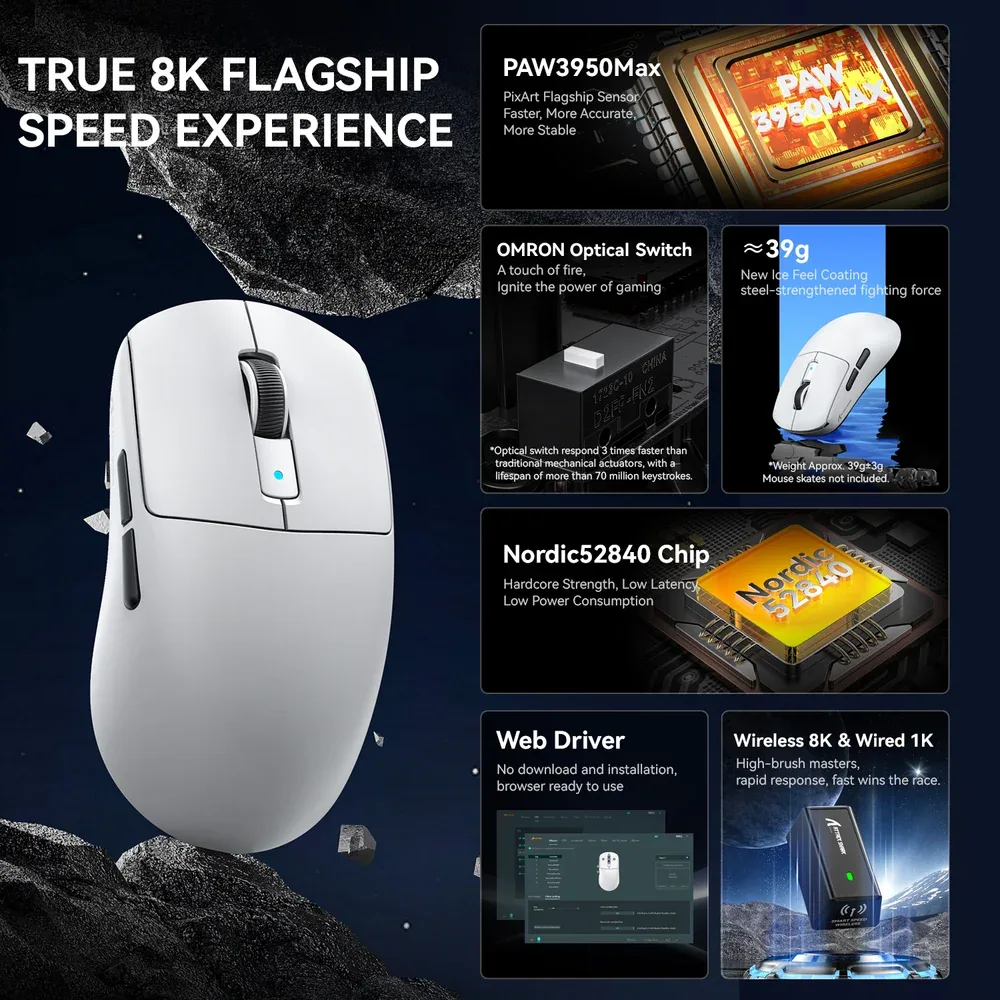 ATTACK SHARK R6 ULTRALIGHT TRI MODE WIRELESS GAMING MOUSE BLACK PAW3950 thumbnail 2