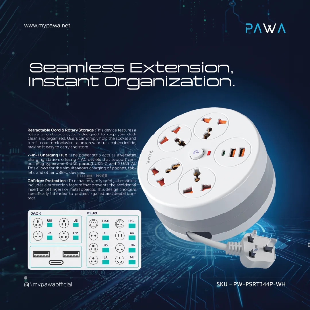 PAWA RETRACABLE POWER STRIP WITH 4 AC OUTLETS WHITE PW-PSRT344P-WH thumbnail 5