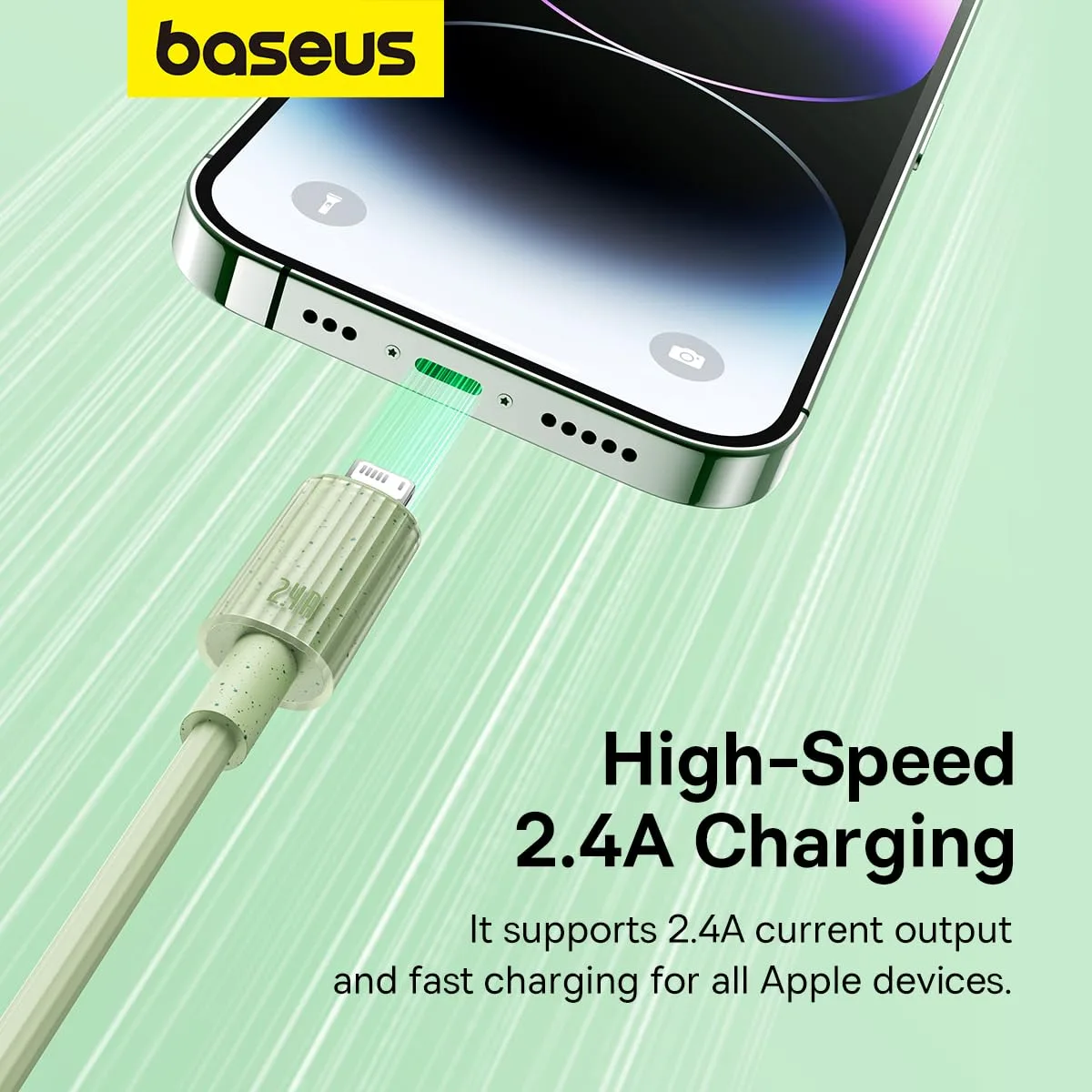 BASEUS HABITAT SERIES FAST CHARGING CABLE USB TO IP 2.4A 1M GREEN P10360200631 thumbnail 3