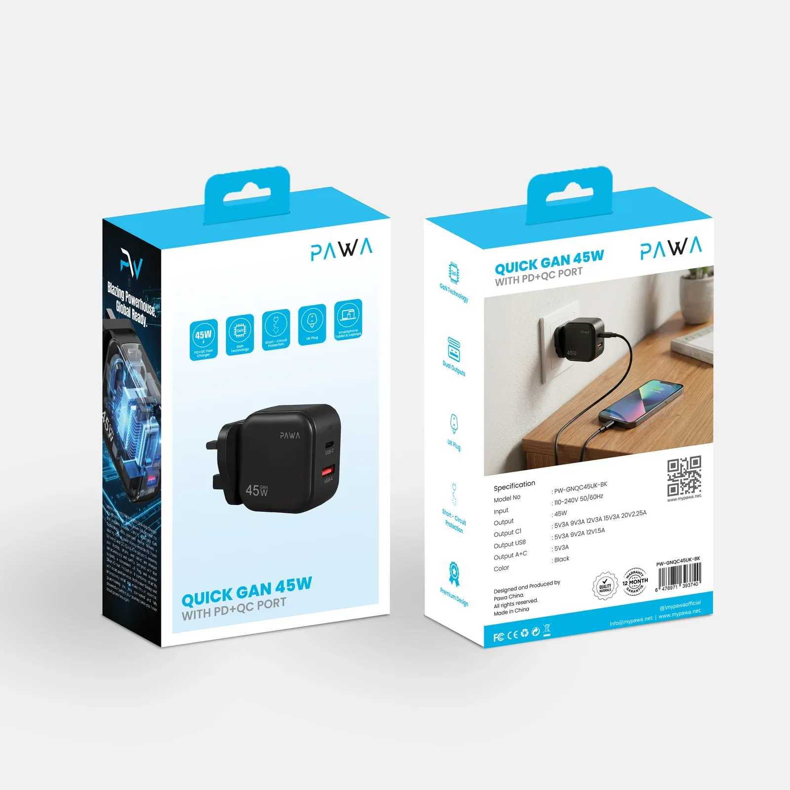 PAWA QUICK GAN 45W WITH PD+ QC PORT WITH BRAIDED USB C TO USB C CABLE BLACK PW-GNQC45CC-BK thumbnail 2