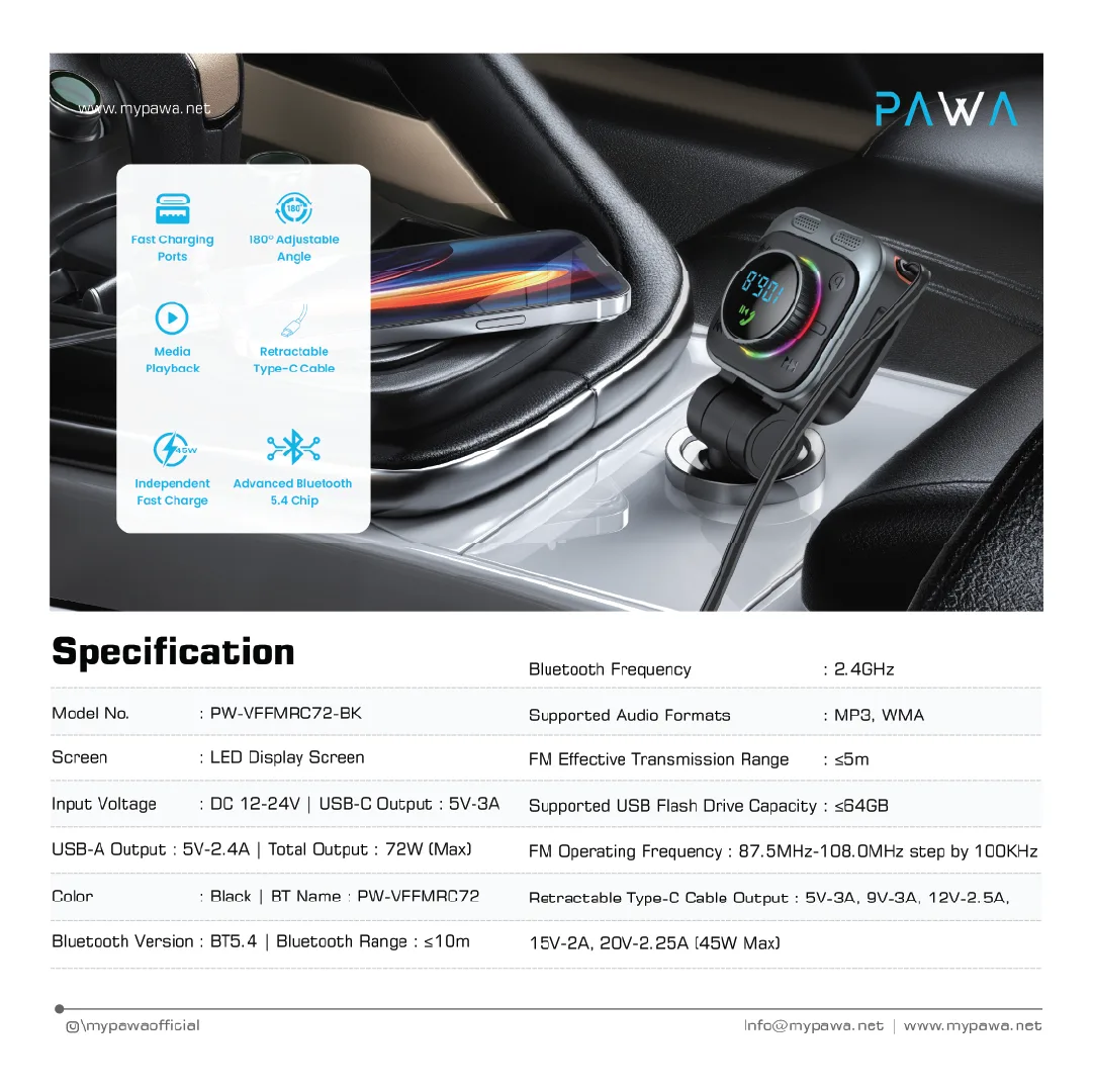 PAWA HALO STREAM FM TRANSMITTER WITH CAR CHARGER 72W BLACK PW-VFFMRC72-BK thumbnail 2