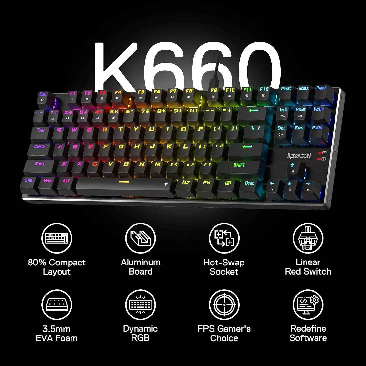 REDRAGON DHARMA PRO TKL WIRED 87 KEYS HOT SWAPPABLE MECHANICAL GAMING KEYBOARD RED K660-RGB-PRO thumbnail 3