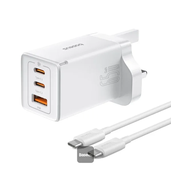 BASEUS 3 IN 1 65W GAN 5 PRO FAST CHARGER WHITE