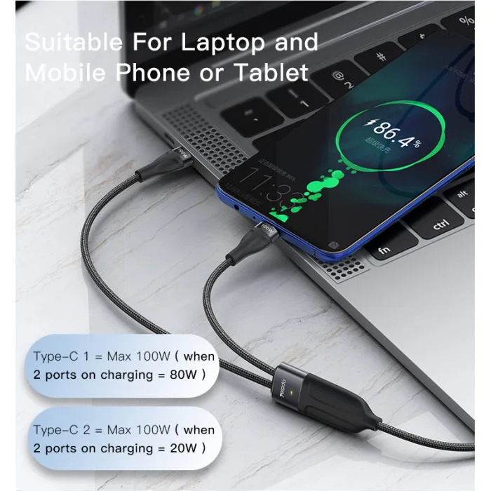 YESIDO 2 IN 1 USB-C TO USB-C CABLE 1.4M BLACK CA88 thumbnail 2