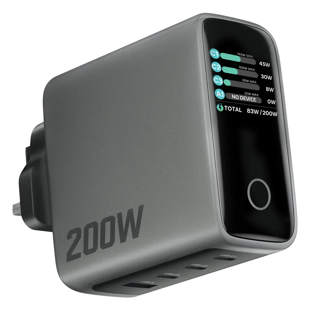 POWEROLOGY HELION 4-PORT 200W GAN  WALL CHARGER GREY PPBCHAET47GY