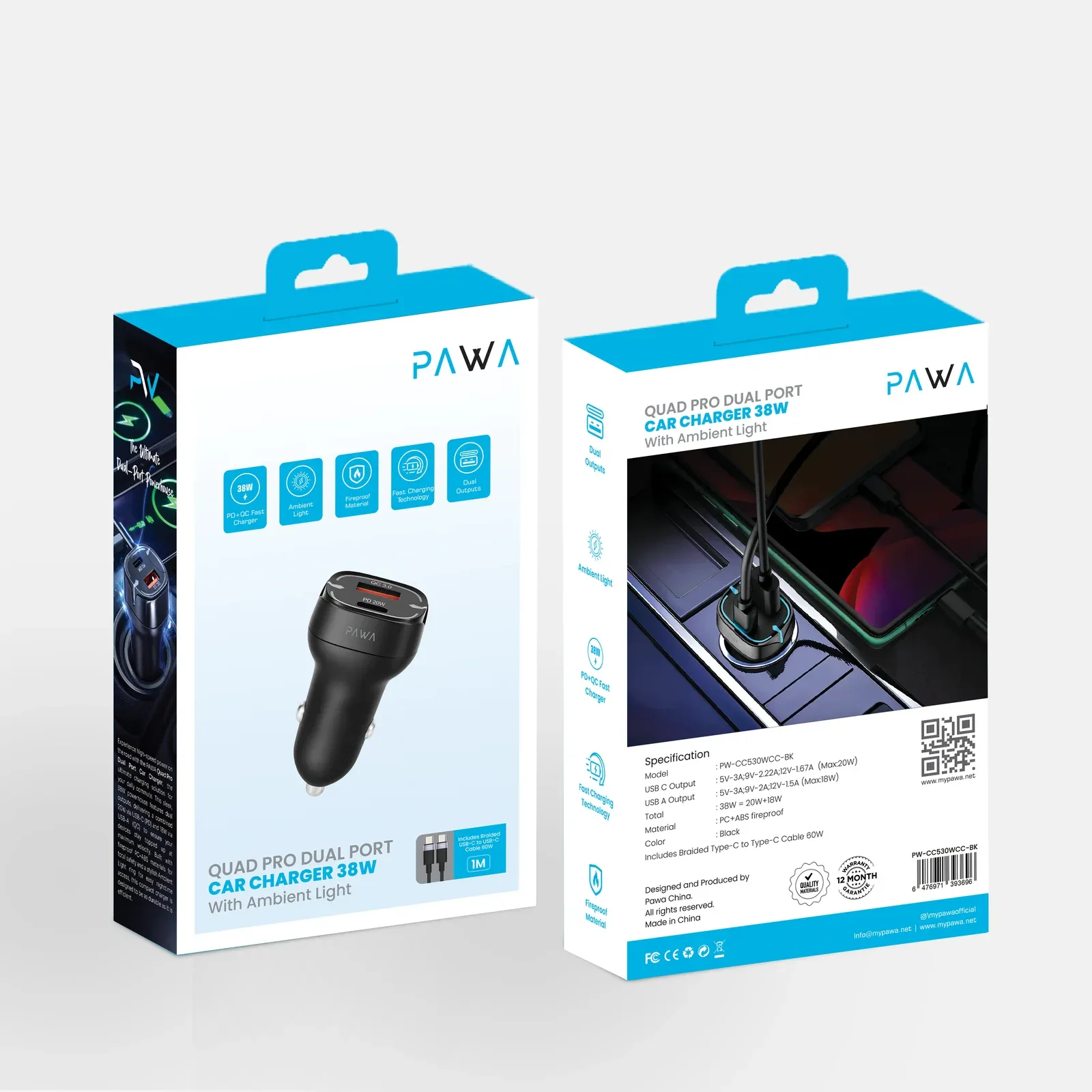 PAWA QUAD PRO DUAL PORT CAR CHARGER 38W WITH BRAIDED USB C TO USB C CABLE BLACK PW-CC530WCC-BK thumbnail 4
