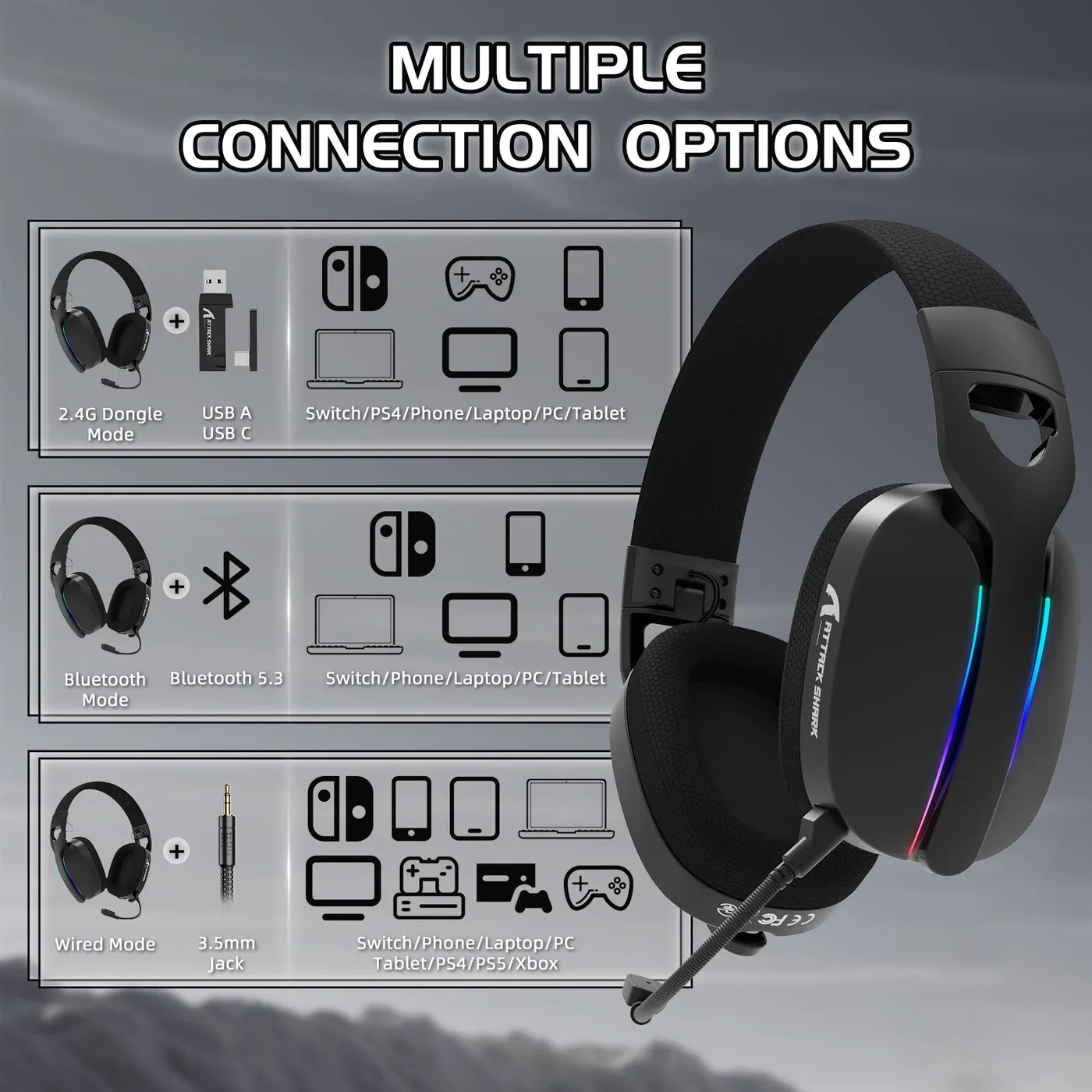 ATTACK SHARK L90 TRI MODE WIRELESS GAMING HEADSET BLACK thumbnail 2