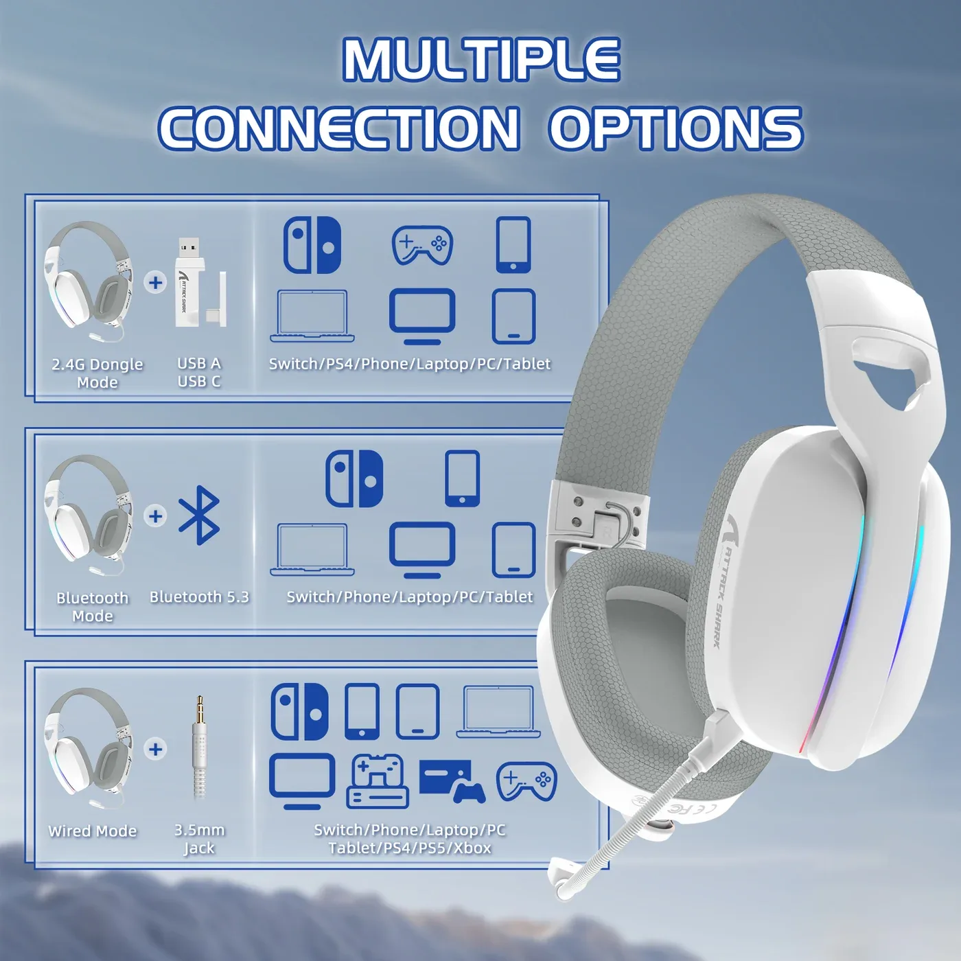 ATTACK SHARK L90 TRI MODE WIRELESS GAMING HEADSET WHITE thumbnail 2