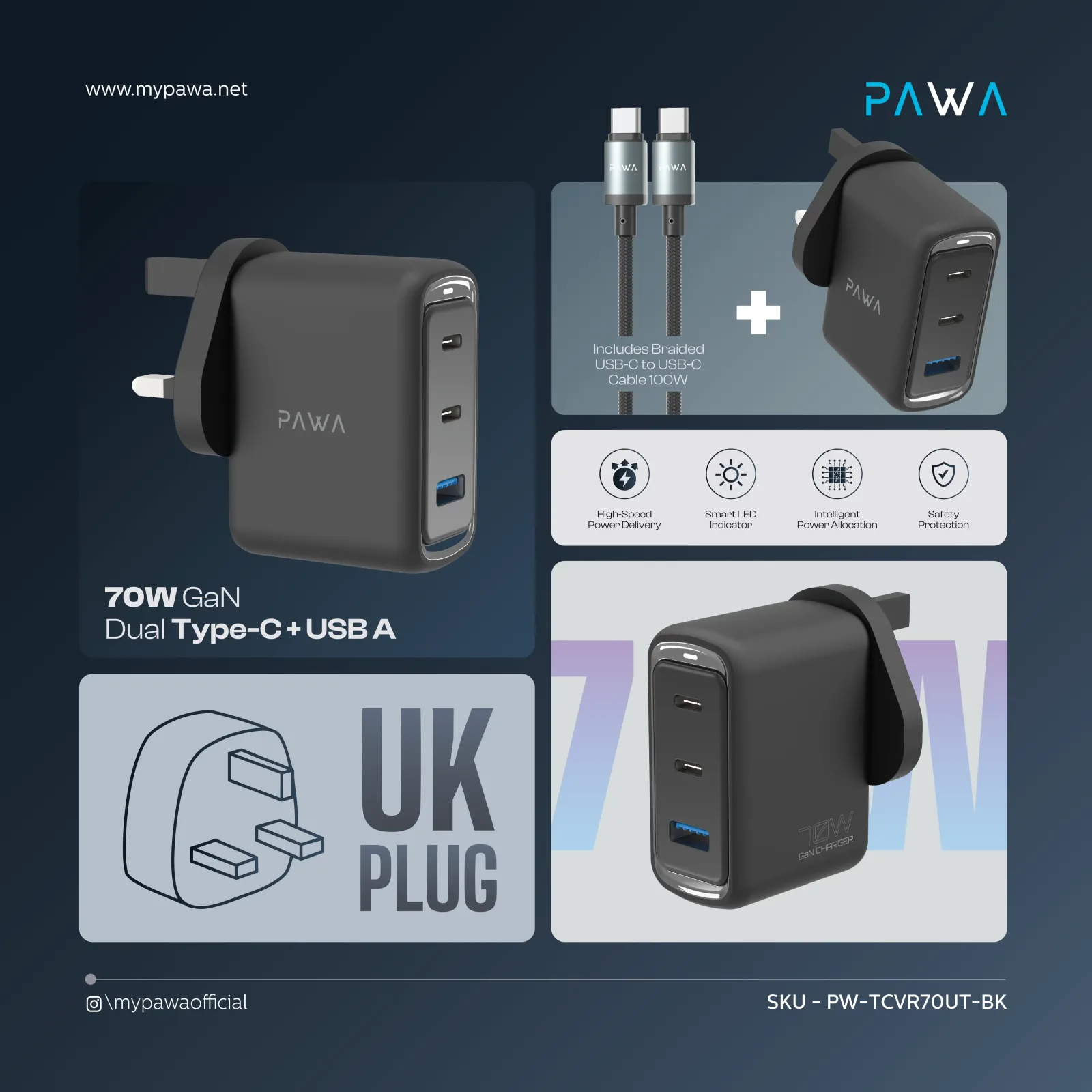 PAWA VECTOR TRIPLE PORT GAN CHARGER 70W BLACK PW-TCVR70UK-BK thumbnail 5