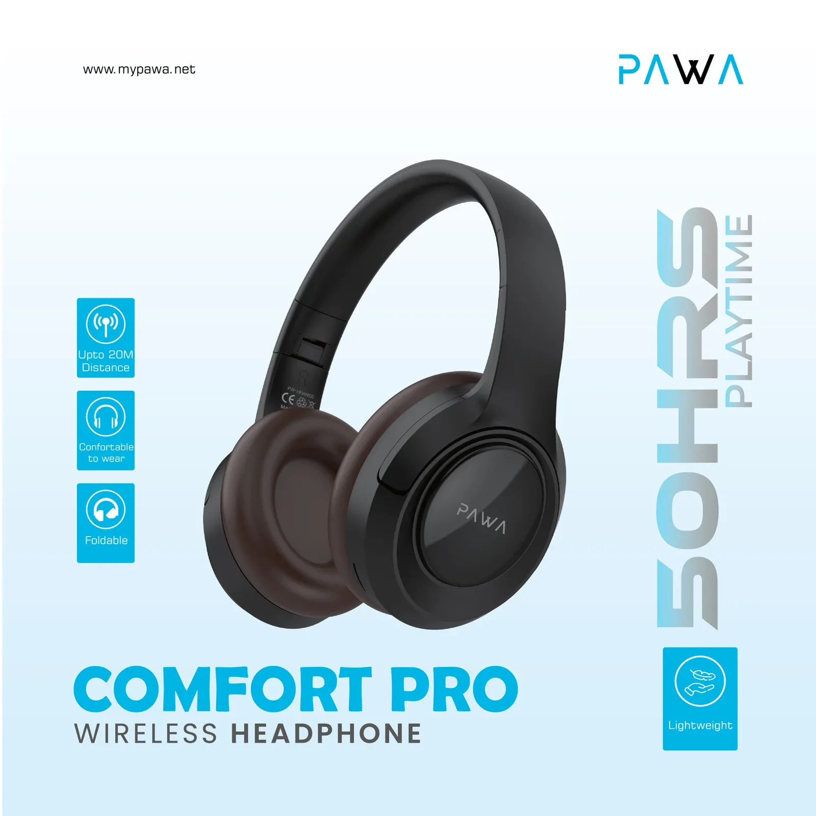 PAWA COMFORT PRO WIRELESS HEADPHONE BLACK PW-HFIAN105-BK thumbnail 3