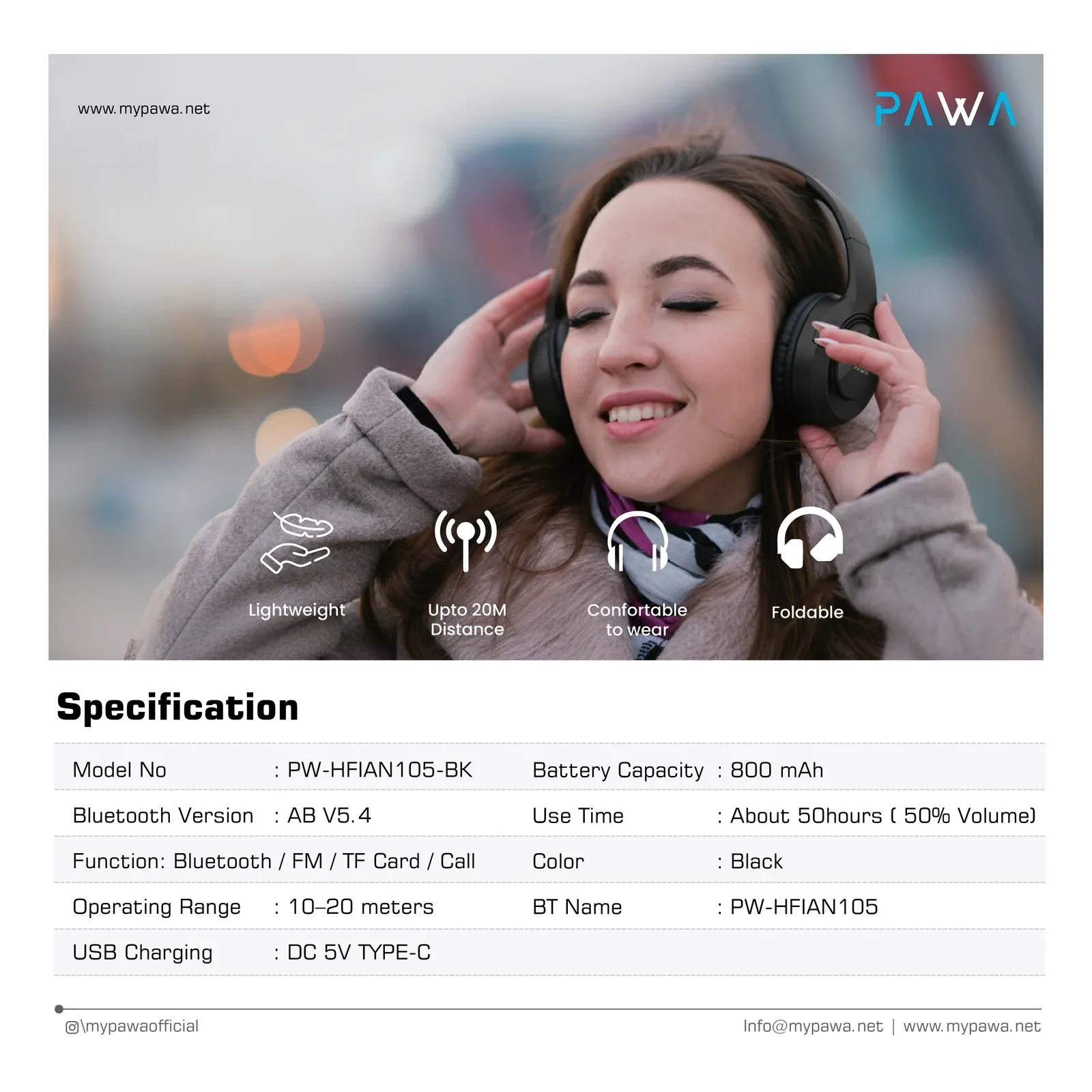 PAWA COMFORT PRO WIRELESS HEADPHONE BLACK PW-HFIAN105-BK thumbnail 4