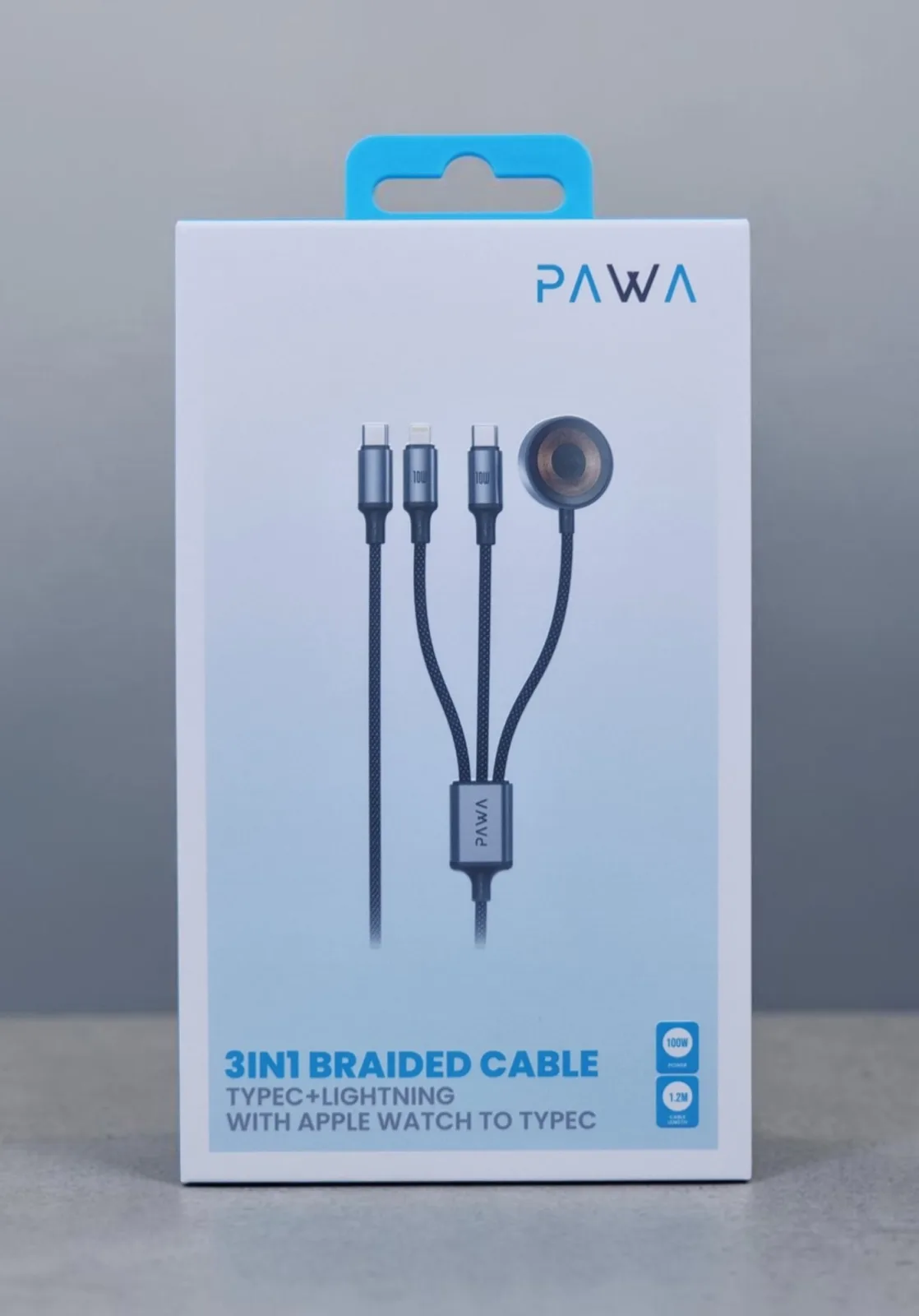 PAWA 3 IN 1 BRAIDED TYPE C + LIGHTNING WITH APPLE WATCH TO TYPE C 100W 1.2M CABLE BLACK PW-TA3115W4-BK