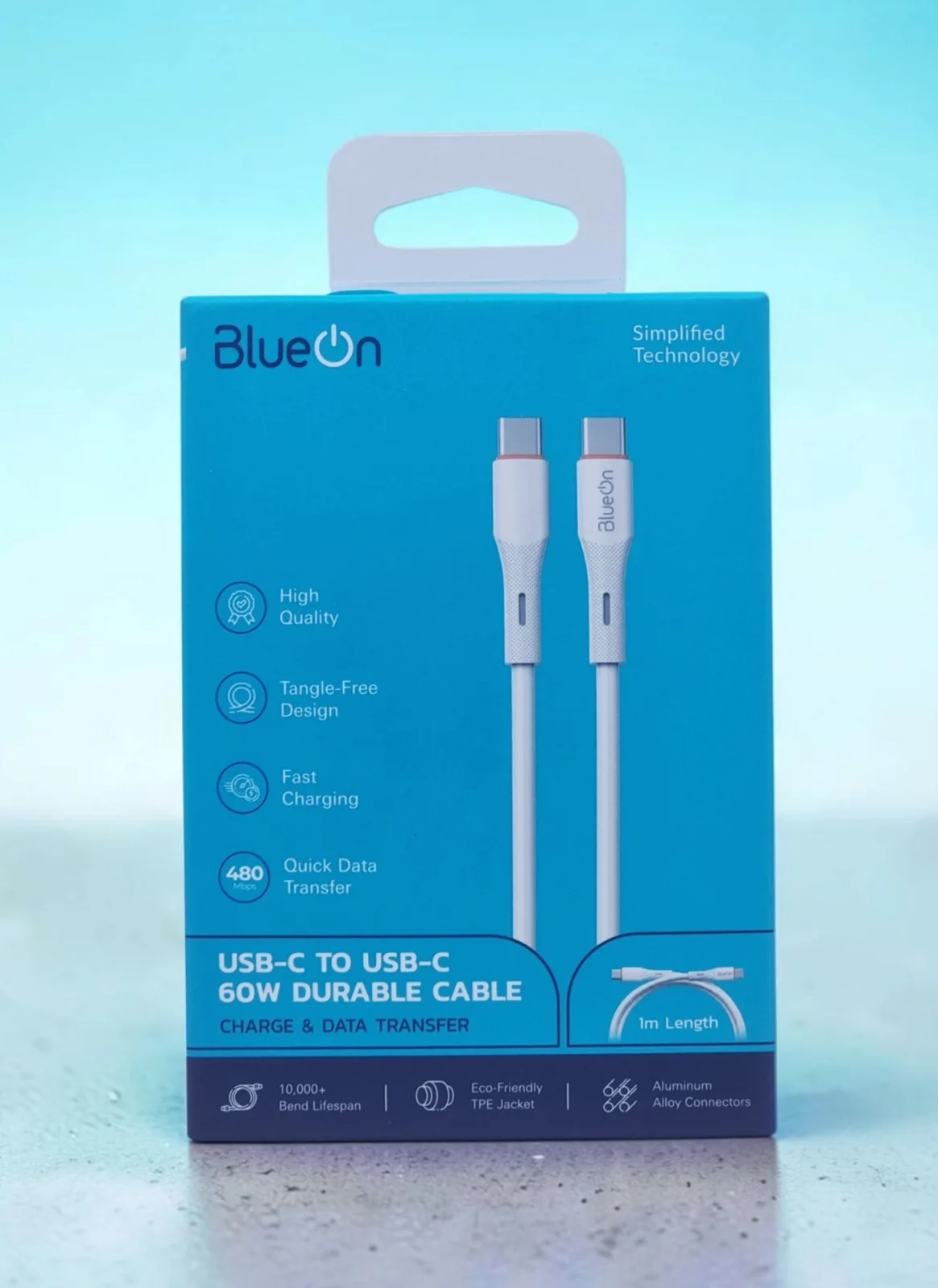 BLUEON USB C TO USB C 60W DURABLE 1M CABLE WHITE BOCTCCWH