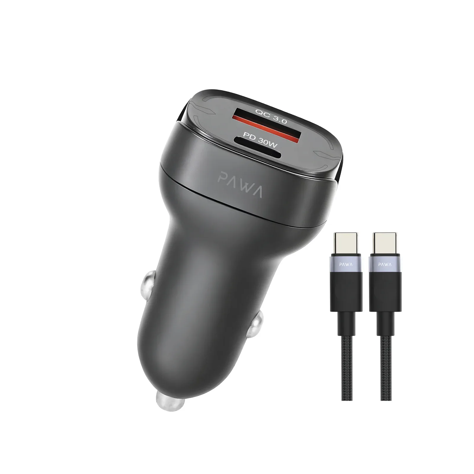 PAWA QUAD PRO DUAL PORT CAR CHARGER 48W WITH BRAIDED USB C TO USB C CABLE GREY PW-CC535WCC-GY