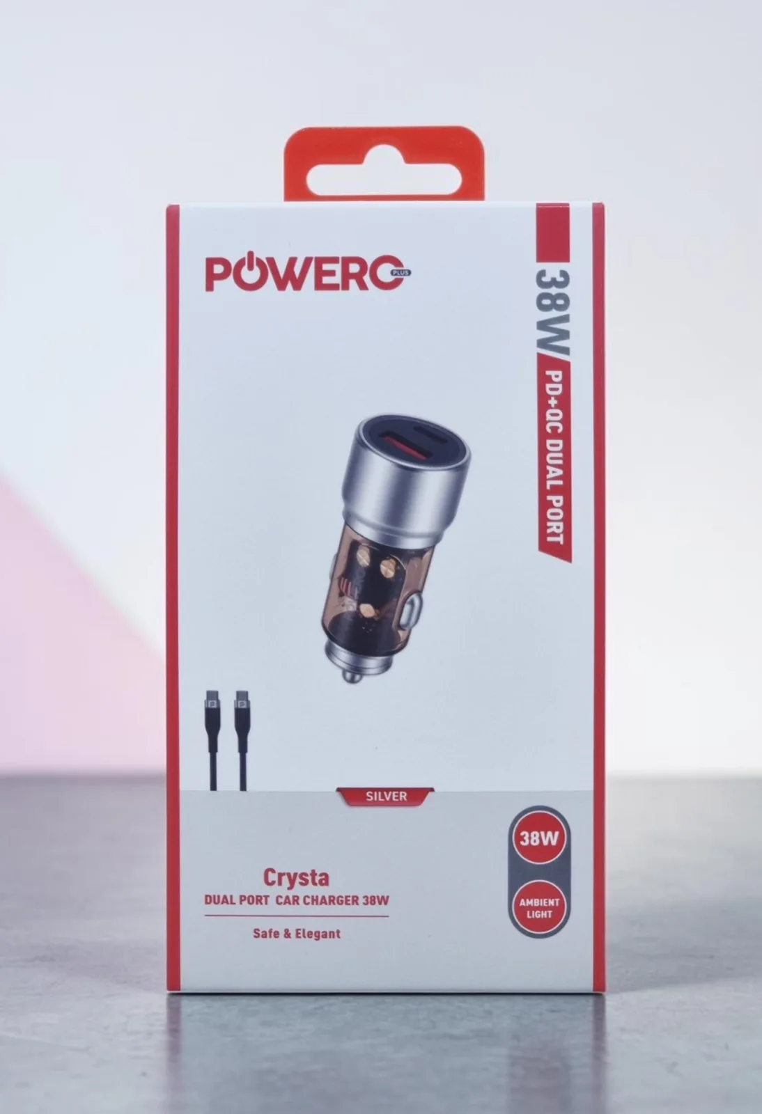 POWERO PLUS CRYSTA PD+QC DUAL PORT CAR CHARGER 38W WITH BRAIDED TYPE C TO TYPE C CABLE SILVER PR-CCPD50CC-SL