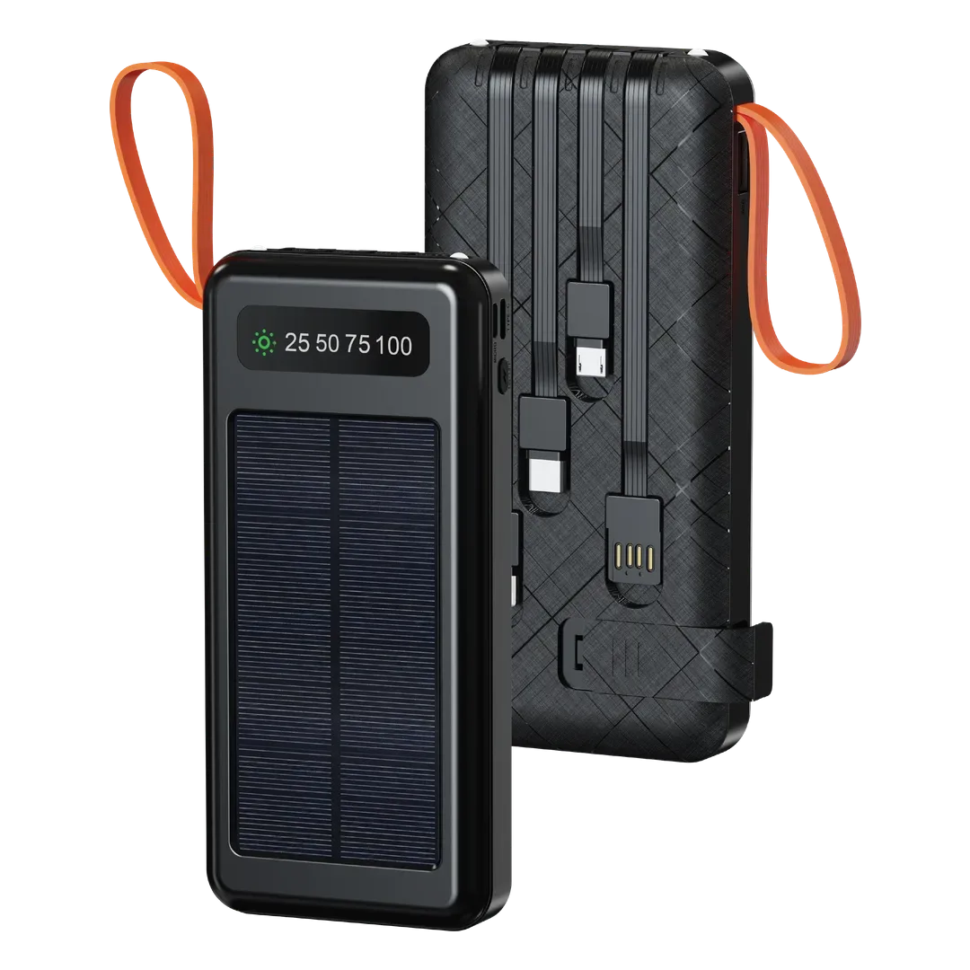 PORODO PIANO SOLAR 10000MAH POWER BANK WITH INTEGRATED CABLES BLACK-PDPBB306BK