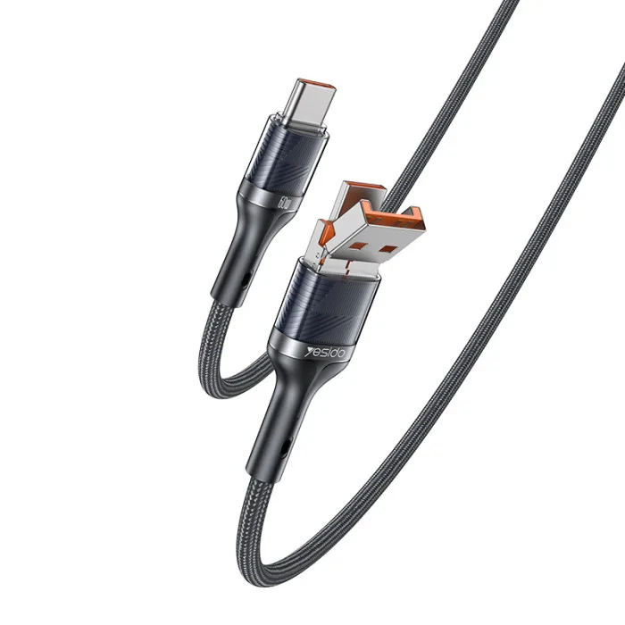 YESIDO TRANSPARENT 2 IN 1 USB-A TO USB-C + USB-C TO USB-C CABLE 1.2M BLACK CA165C