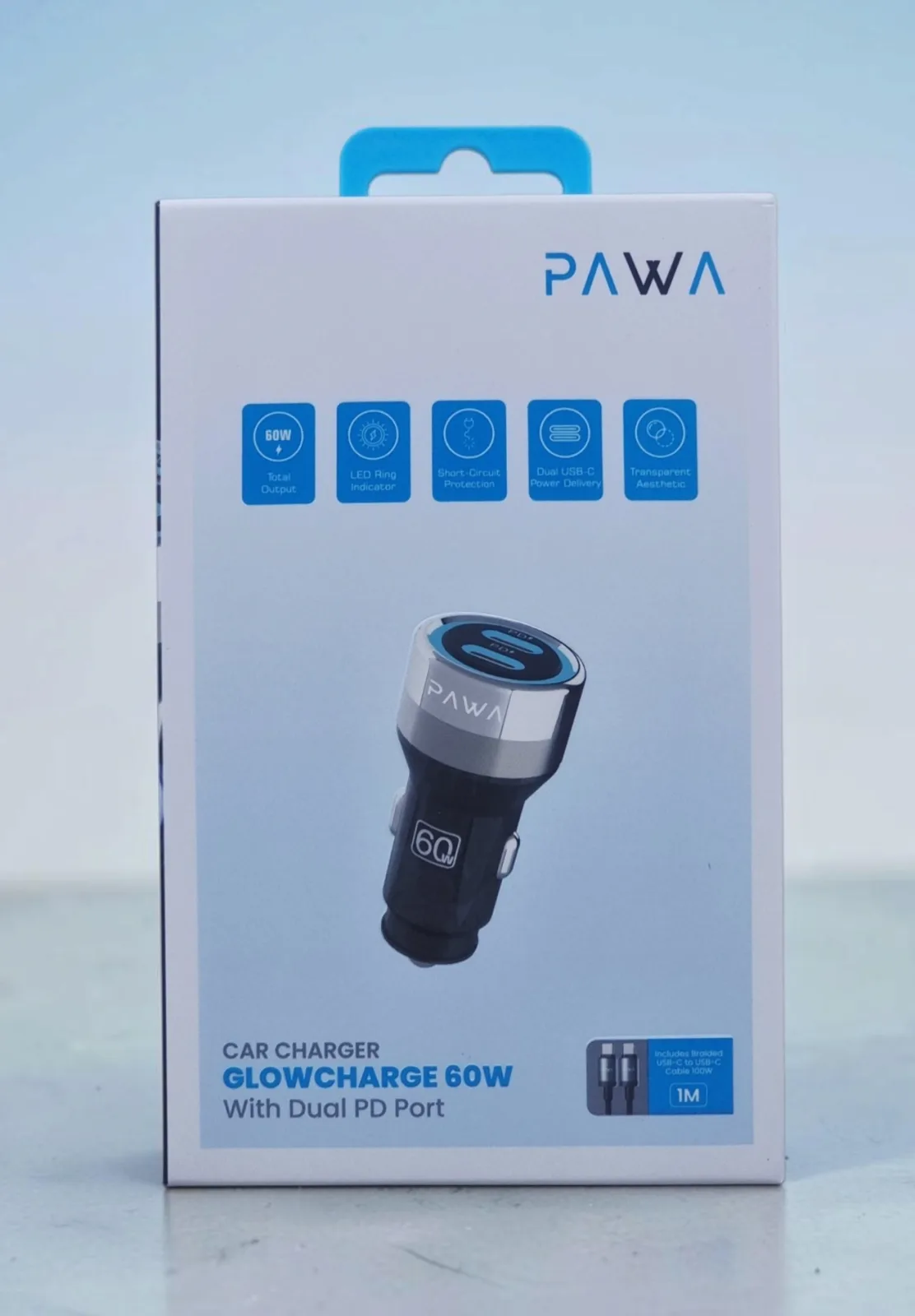 PAWA GLOW CHARGE 60W WITH DUAL PD PORT CAR CHARGER WITH BRAIDED USB C TO USB C CABLE TRANSPARENT BLACK PW-CRCHCC12-TPBK