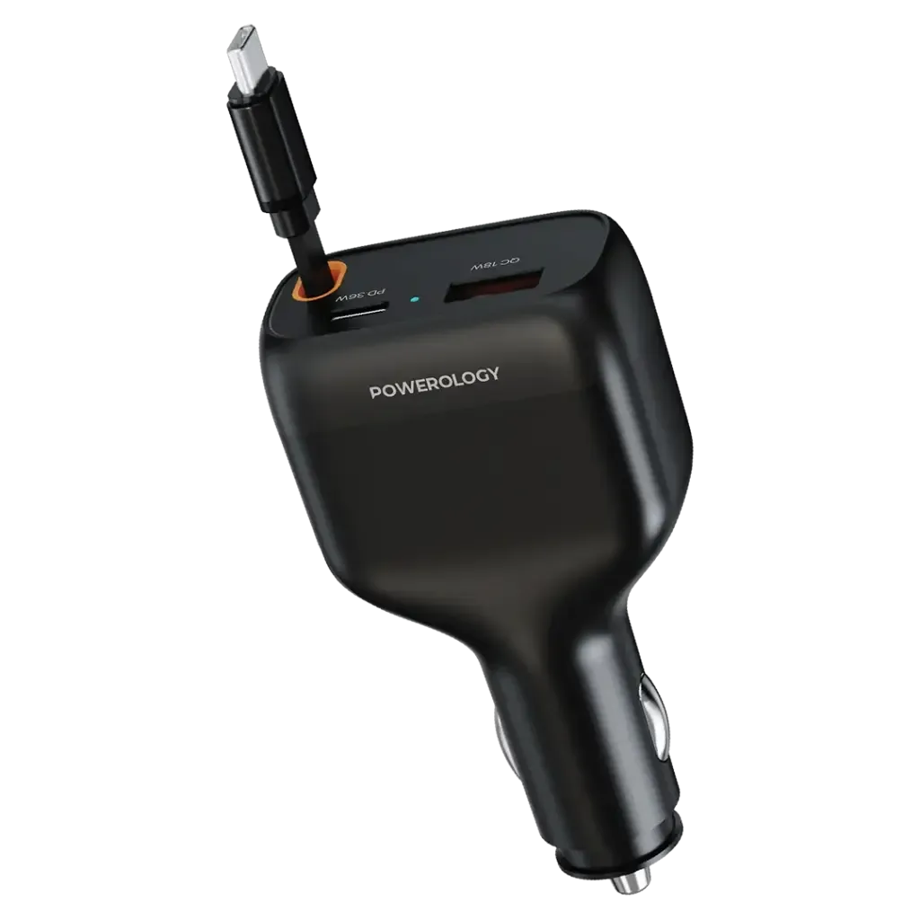 POWEROLOGY CYBER 81W USB C RETRACTABLE CAR CHARGER BLACK PCCSR027BK