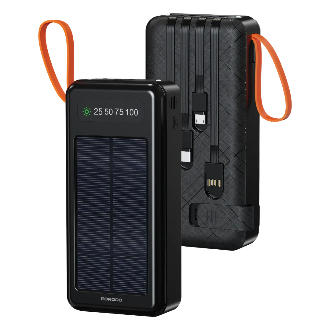 PORODO PIANO SOLAR 20000MAH POWER BANK WITH INTEGRATED CABLES BLACK-PDPBB307BK