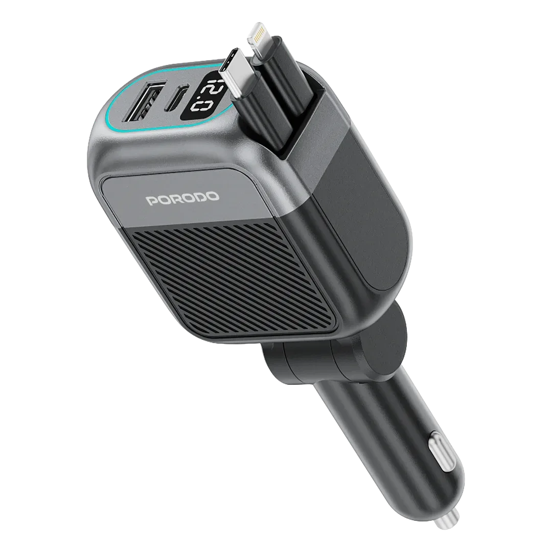 PORODO SPIDER MULTI PORT PD30W USB CAR CHARGER USB C TO USB C AND LIGHTNING CABLE BLACK PDCCR33BK