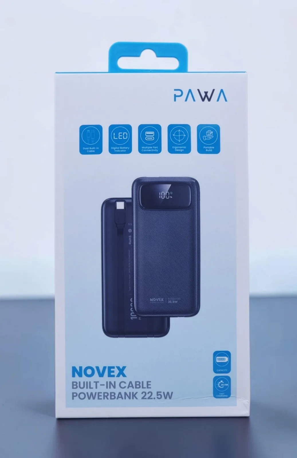PAWA NOVEX BUILT IN CABLE POWER BANK 10000MAH 22.5W BLACK PW-PBNX10TT-BK