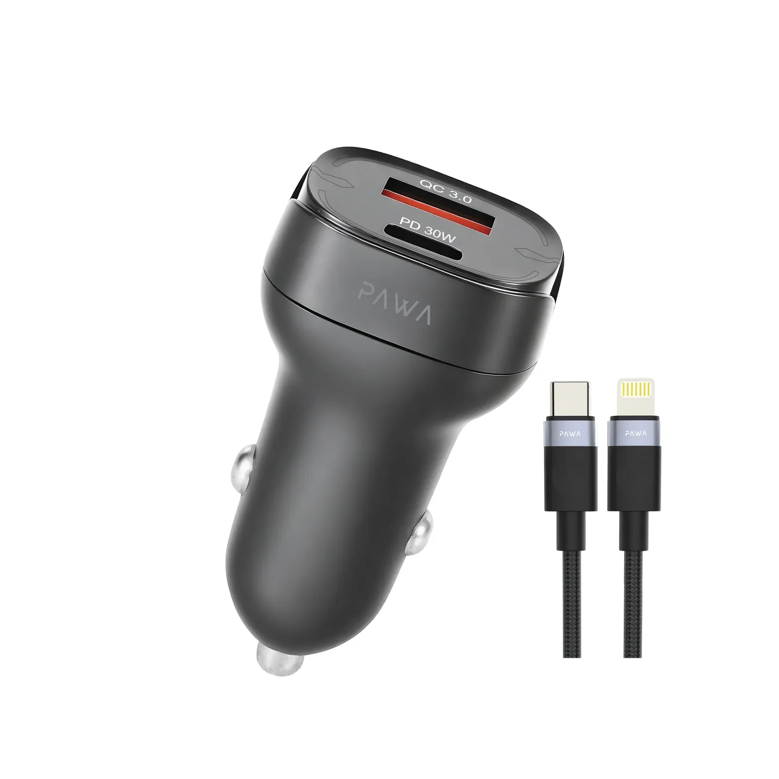 PAWA QUAD PRO DUAL PORT CAR CHARGER 48W WITH BRAIDED USB C TO LIGHTNING CABLE GREY PW-CC535WCL-GY
