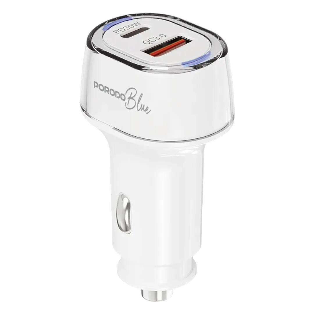 PORODO BLUE DUAL PORT USB CAR CHARGER WITH USB C TO USB C CABLE PD30W WHITE PBJMM126CWH