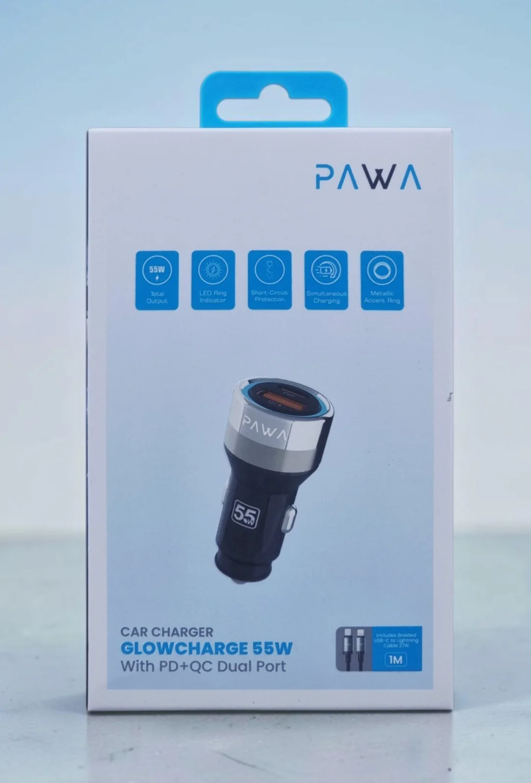 PAWA GLOW CHARGE 55W WITH PD+QC DUAL PORT CAR CHARGER WITH INCLUDE USB C TO LTG CABLE TRANSPARENT BLACK PW-CRCHCL11-TPBK