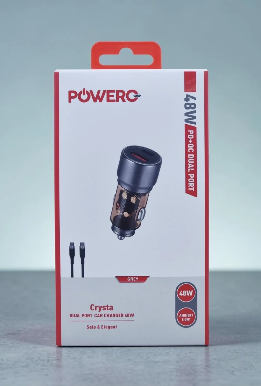 POWERO PLUS CRYSTA PD+QC DUAL PORT CAR CHARGER 48W WITH BRAIDED TYPE C TO TYPE C CABLE GREY PR-CCPD55CC-GY